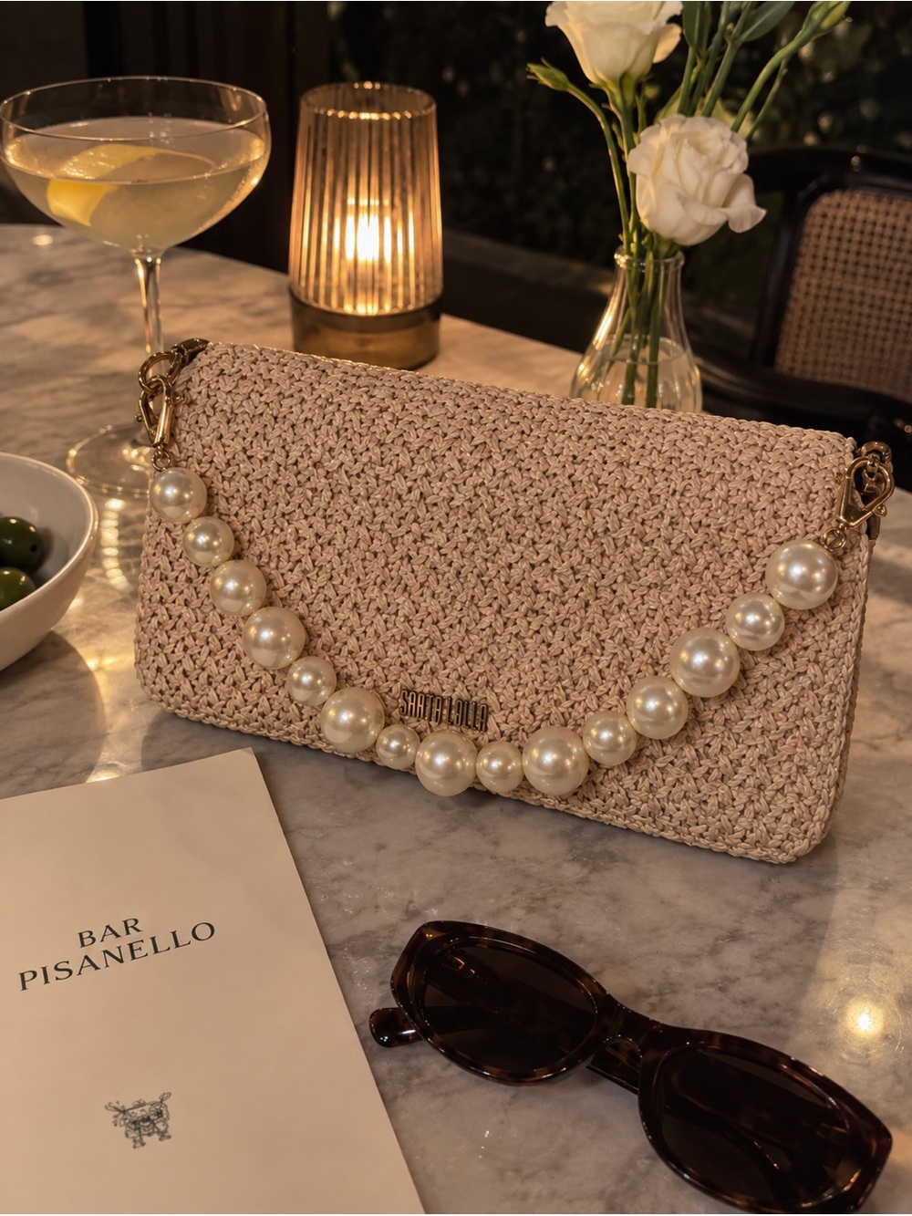 Santa Lolla Cream Woven Pearl-Detail Shoulder Bag